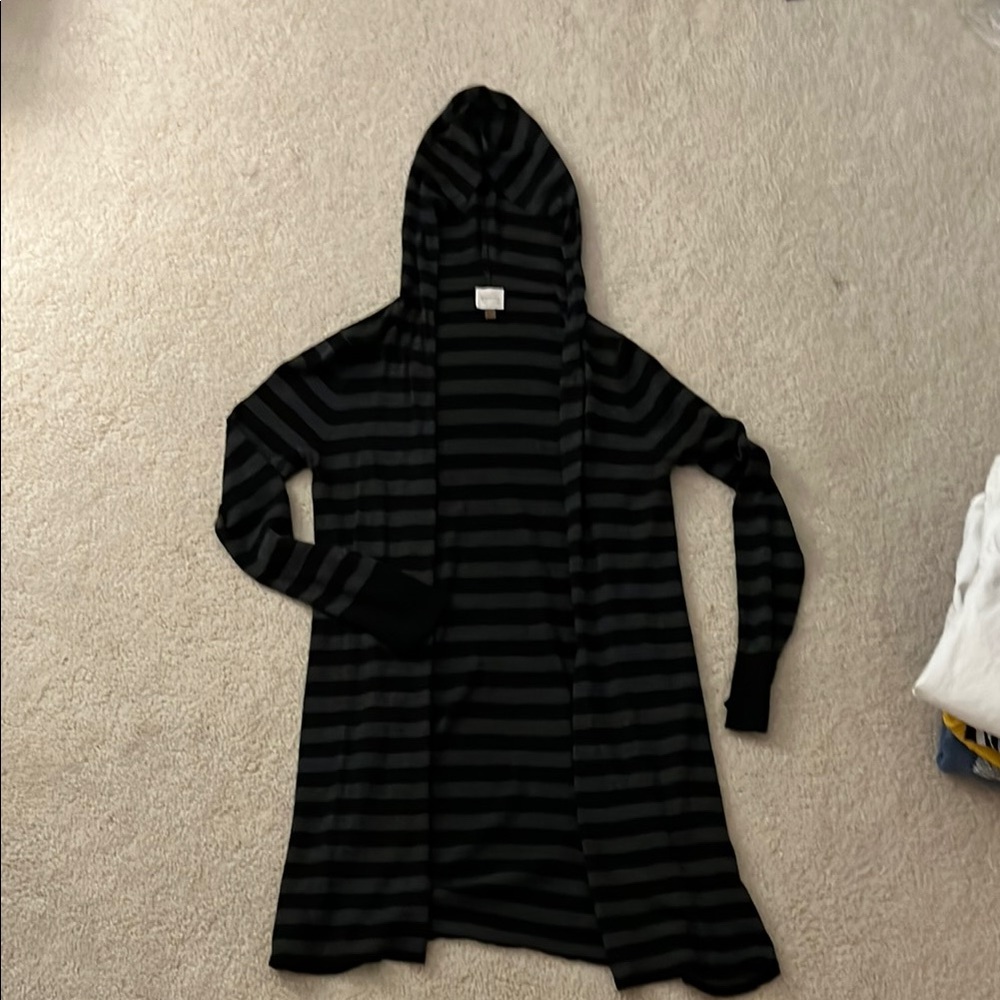 Black and Gray Striped Hooded Cardigan